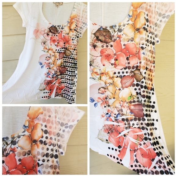 Decree Eclectic Orange Floral Polka-dot Graphic Printed Shark-bite Tunic Top - Picture 9 of 13